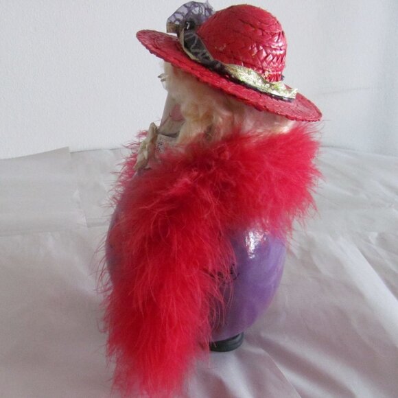 Handcrafted Red Hat Society Lady with Feather Boa Decorative Doll Gourd Figure - Picture 6 of 11
